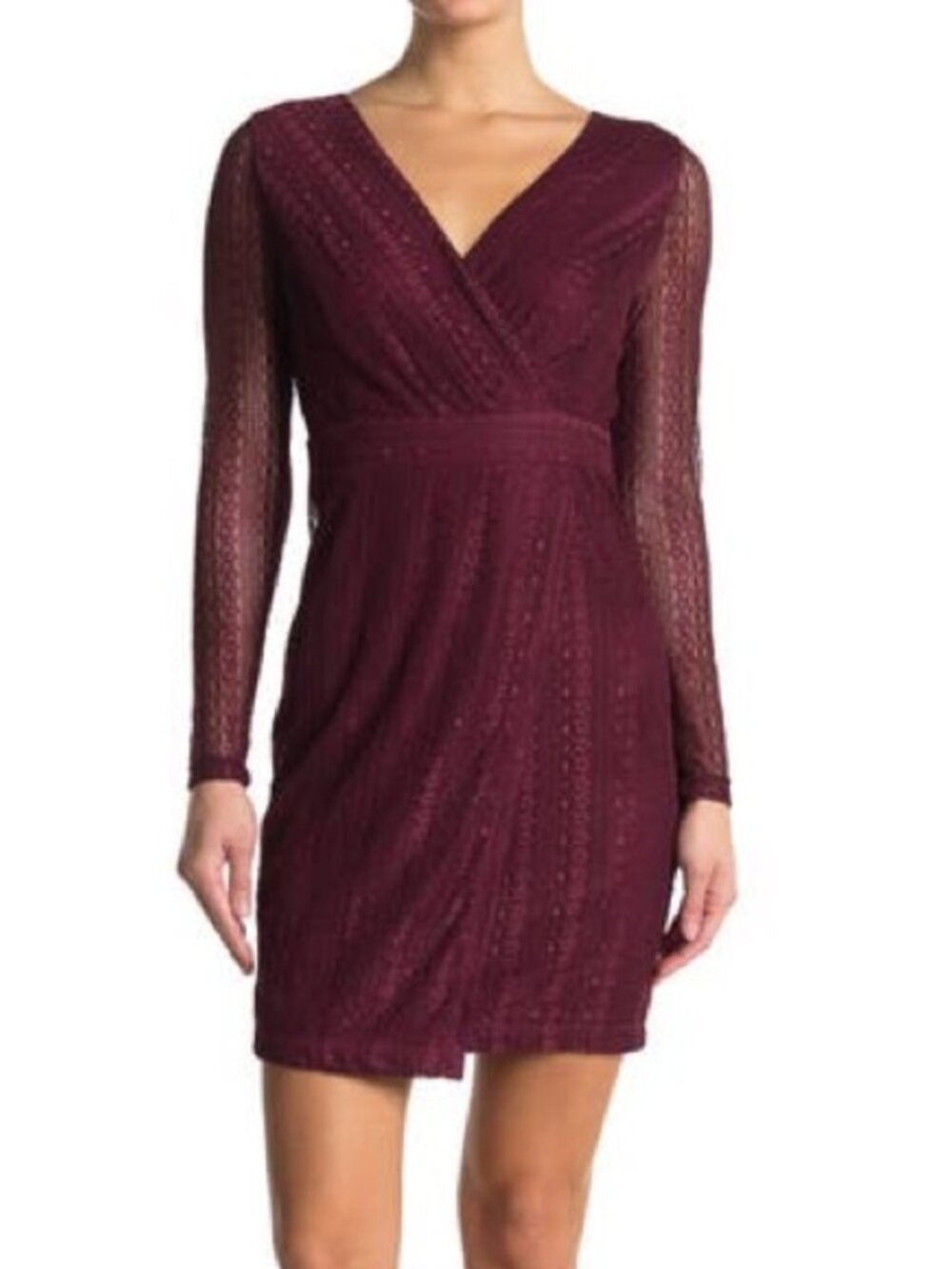 GUESS Burgundy Lace Wrap-Front Dress Size 10 | Long Sleeve Stretch Lace